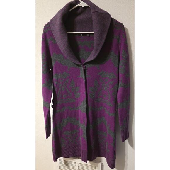 NEVE 100% Merino Wool Snap Cardigan Sweater Women's Sz S Gray Purple Long Line - Picture 1 of 6